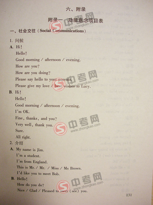 2010年北京英语中考说明下载-附录1功能意念项目表(1)社会交往1