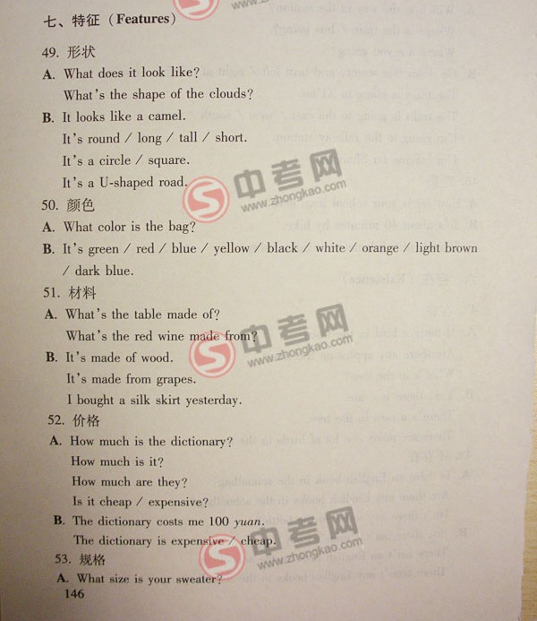 2010年北京英语中考说明下载-附录1功能意念项目表(7)特征1
