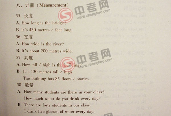 2010年北京英语中考说明下载-附录1功能意念项目表(8)计量1