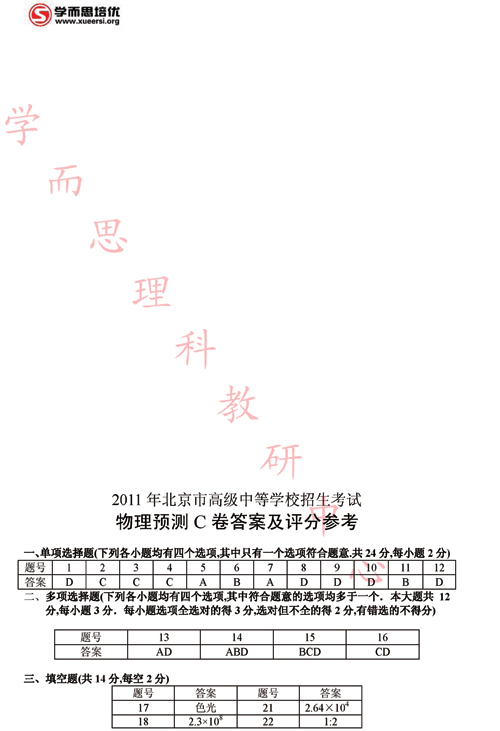 2011北京中考物理预测试卷（C）及答案10