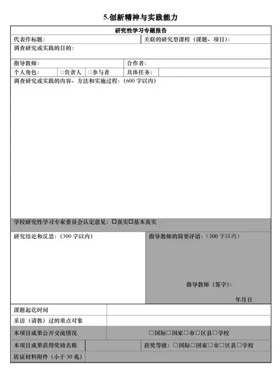 2015年上海高中生综合素质评价是哪7张表？4