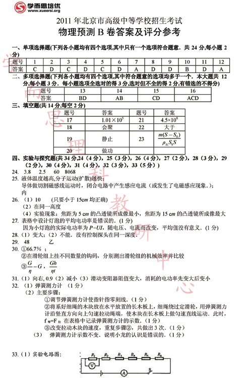 2011北京中考物理预测试卷（B）及答案10