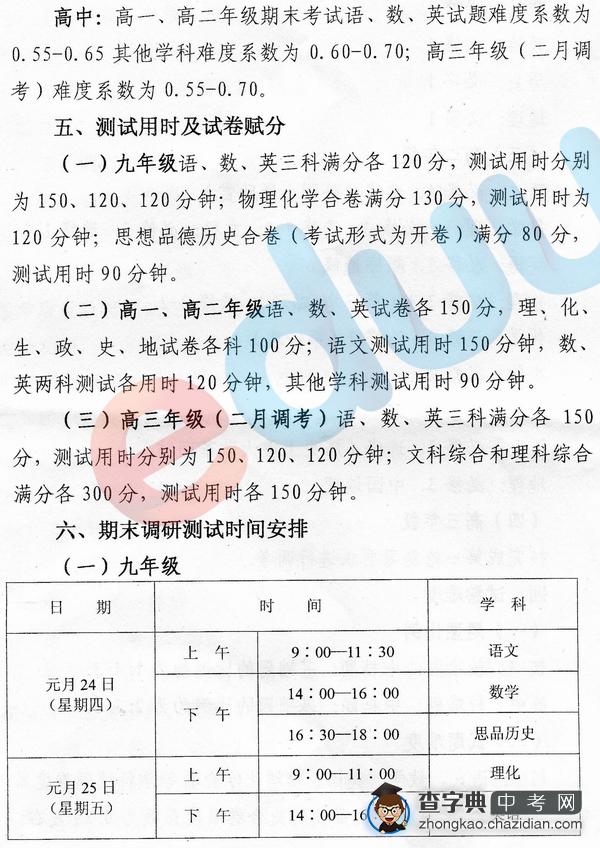 2013年武汉元月调考时间及考试安排1