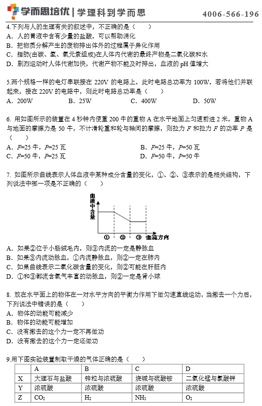 2015年杭州西湖区初三期末科学试题2
