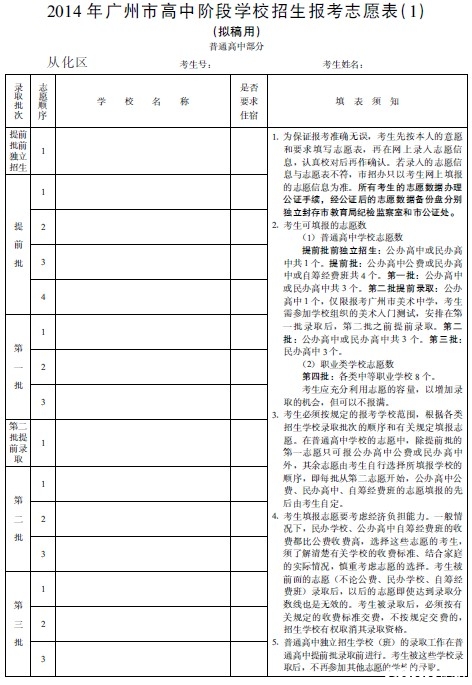 2014年广州中考志愿填报表填写须知10