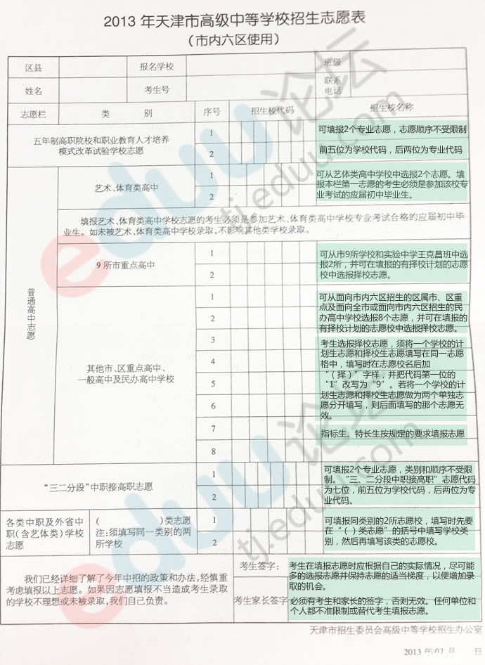 2014年天津中考志愿填报经验分享（附志愿表填写细则）2