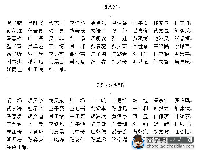 2014武汉外校新高一年级“超常班”、“理科实验班”预录名单1