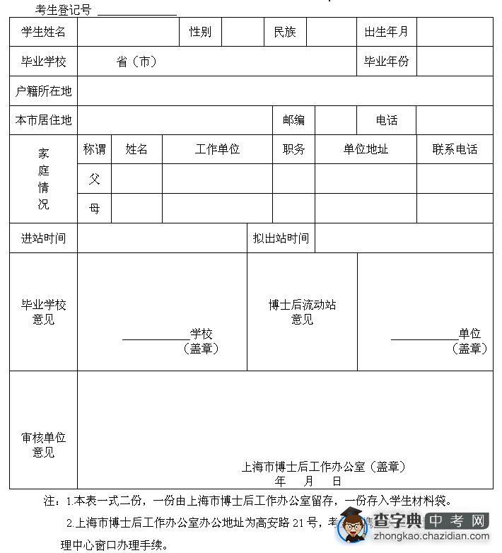 在沪高校、科研机构博士后流动站人员子女报考本市高中阶段学校审核表1