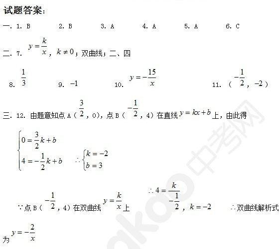 2012年中考数学反比例函数复习测试题2