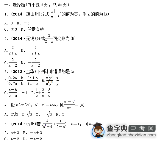 2015中考数学复习：分式单项自测题（一）含答案1