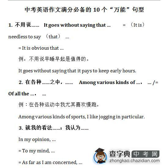 中考英语作文满分必备的10个“万能”句型1