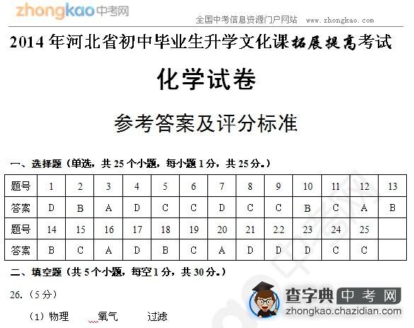 2014年河北省初中毕业生升学文化课拓展提高考试参考答案1