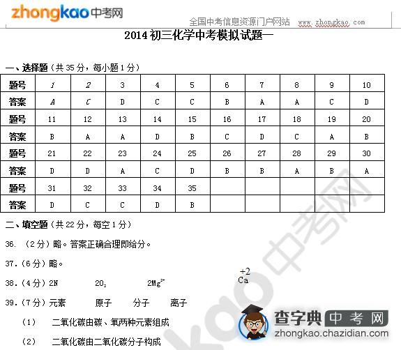 2014初三化学中考模拟试题参考答案1