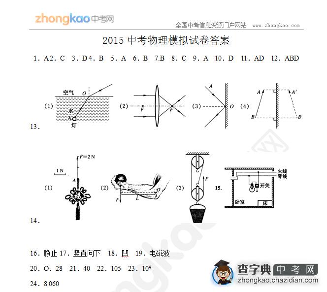 2015年中考物理模拟试题答案（3）1