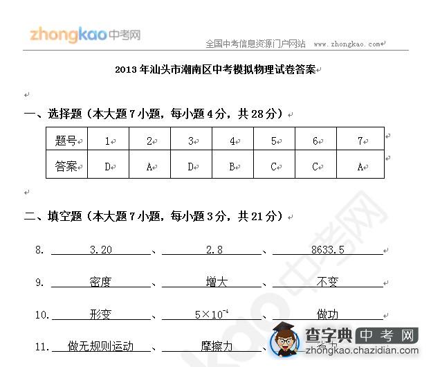 2013年汕头市潮南区中考模拟物理试卷答案1