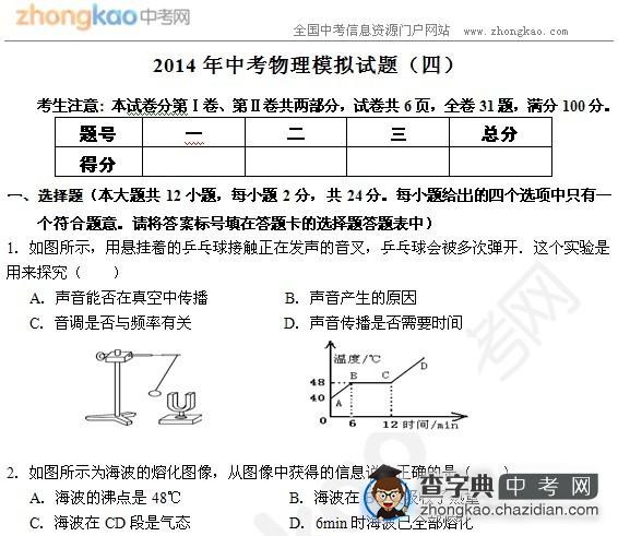 2014年中考物理模拟试题1