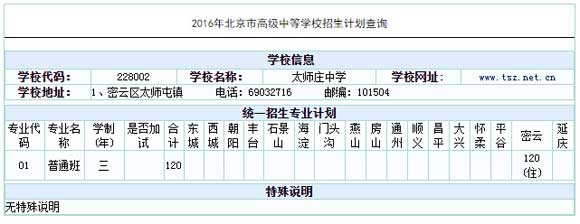 北京太师庄中学2016中考招生计划(密云区)1