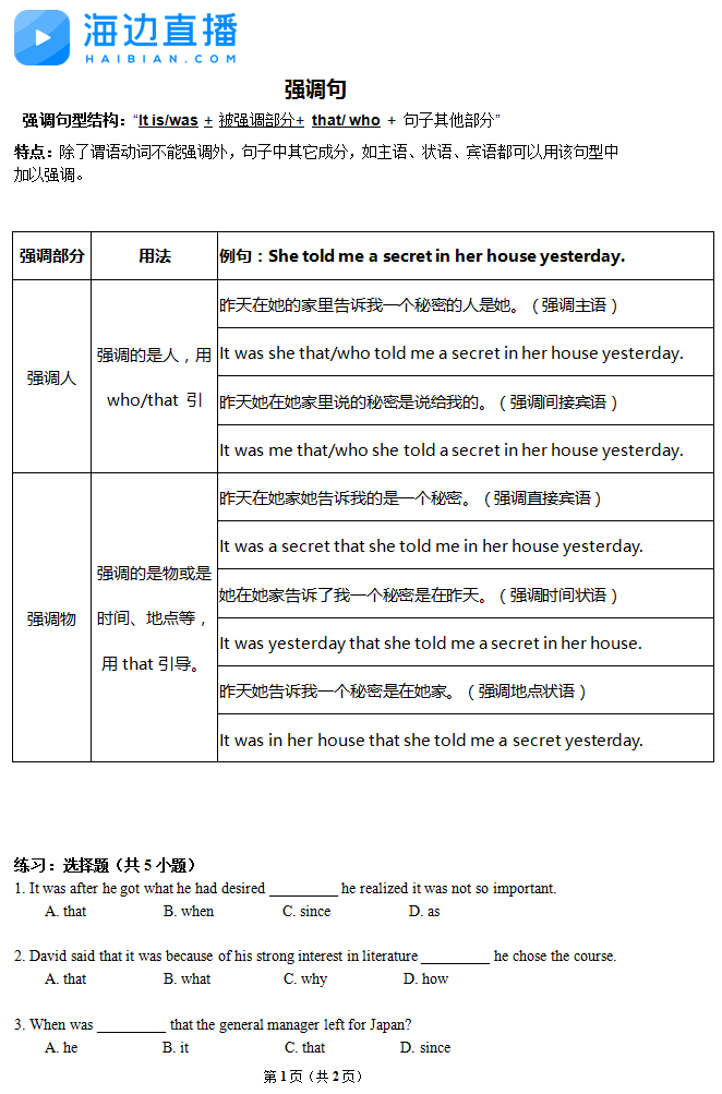 2017年中考英语备考复习：强调句1