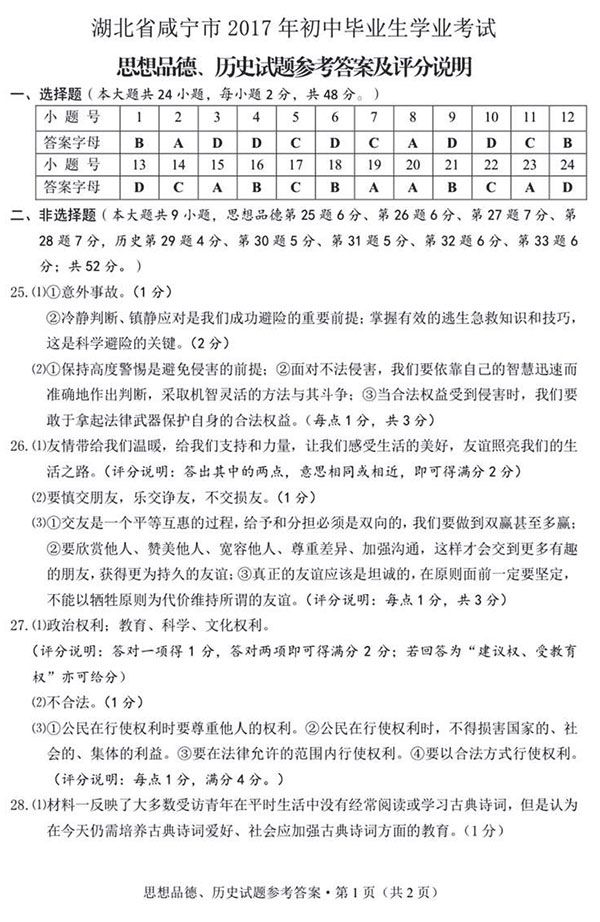 湖北咸宁2017年中考思想品德、历史试题及答案7