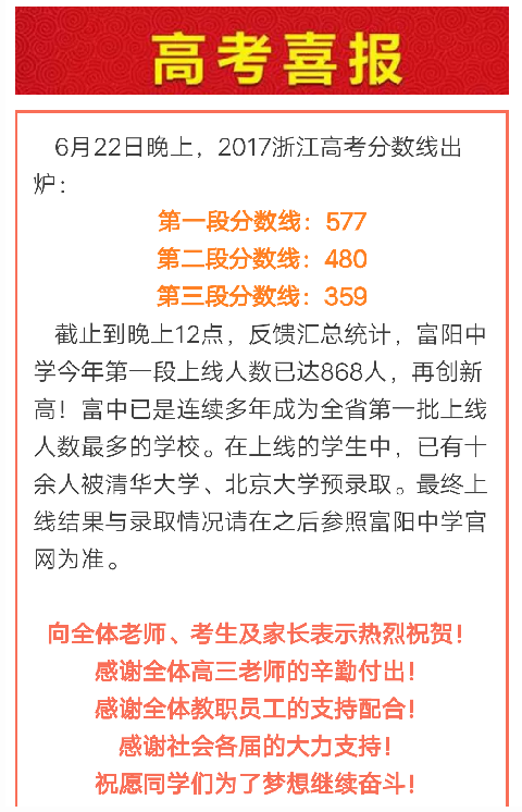 2017年杭州富阳中学高考喜报1