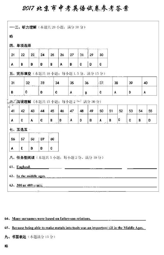 北京市2017年中考英语试题及答案16