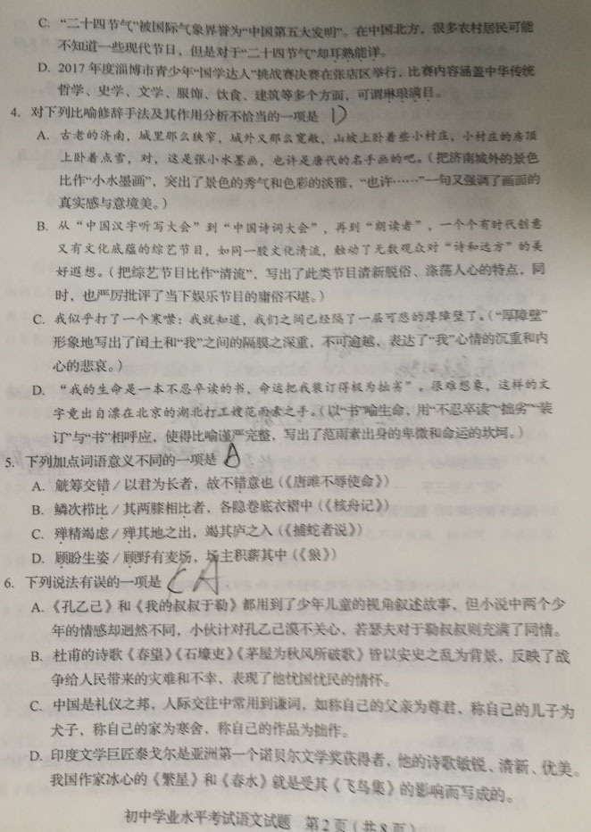 山东省淄博市2017年中考语文试题2