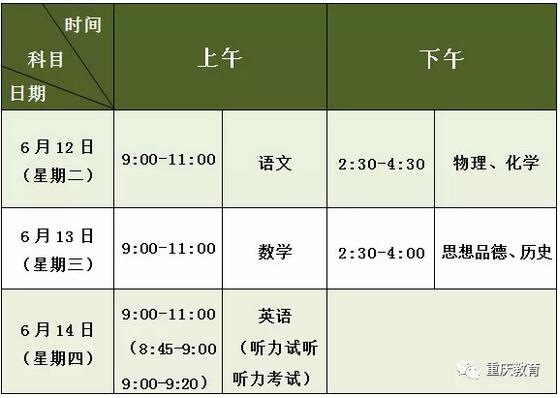 重庆2018年中考时间安排1
