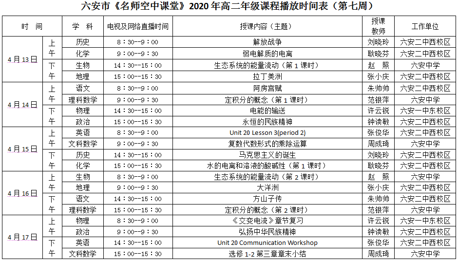 安徽​六安中小学“空中课堂”课程表完整版公布（4月13日25