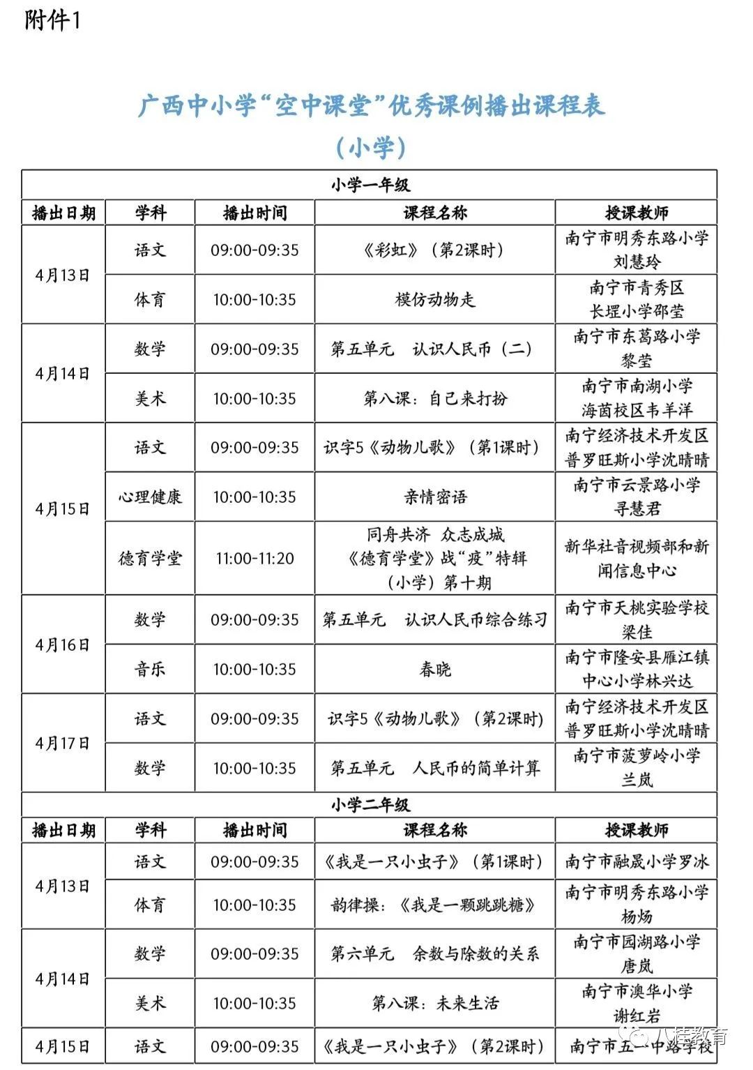 广西中小学“空中课堂”课程表完整版公布（4月13日1
