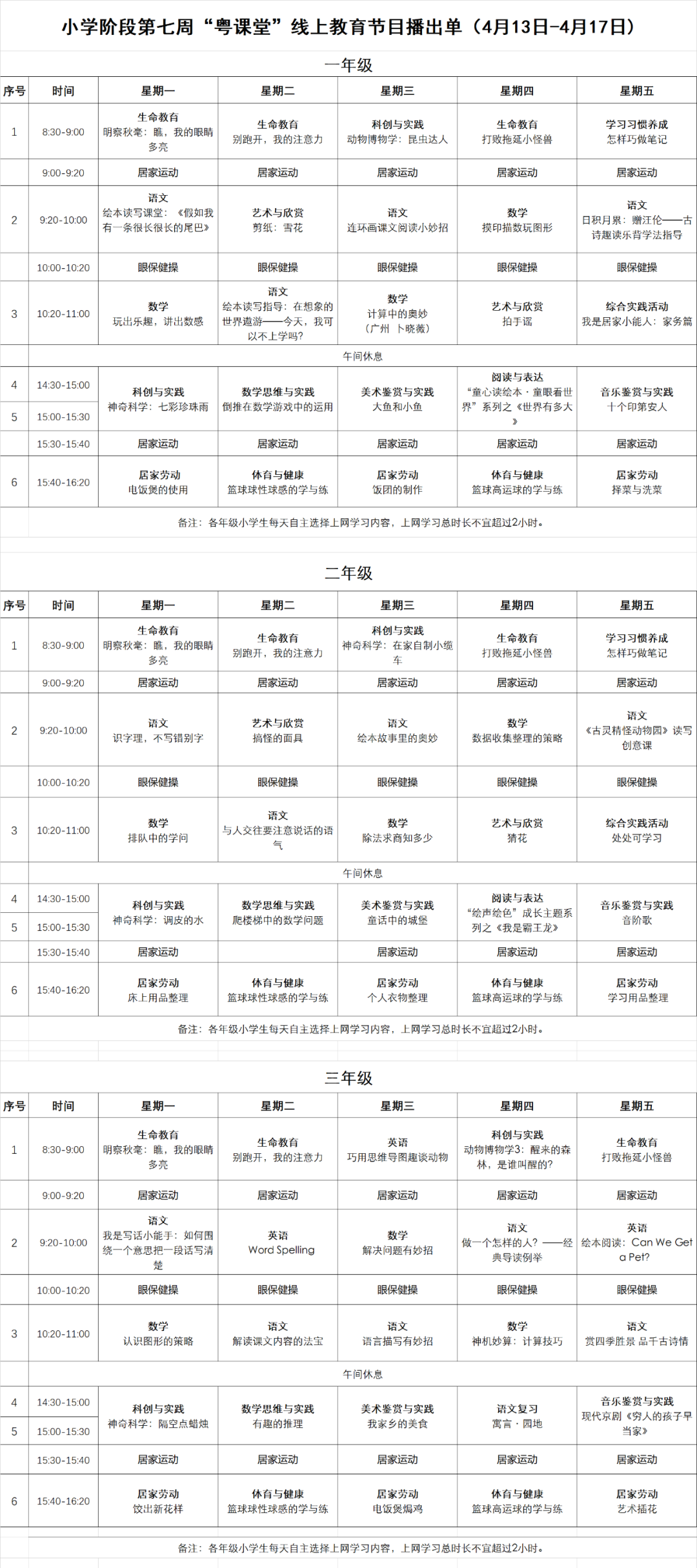 广东中小学“粤课堂”课程表完整版公布（4月13日1