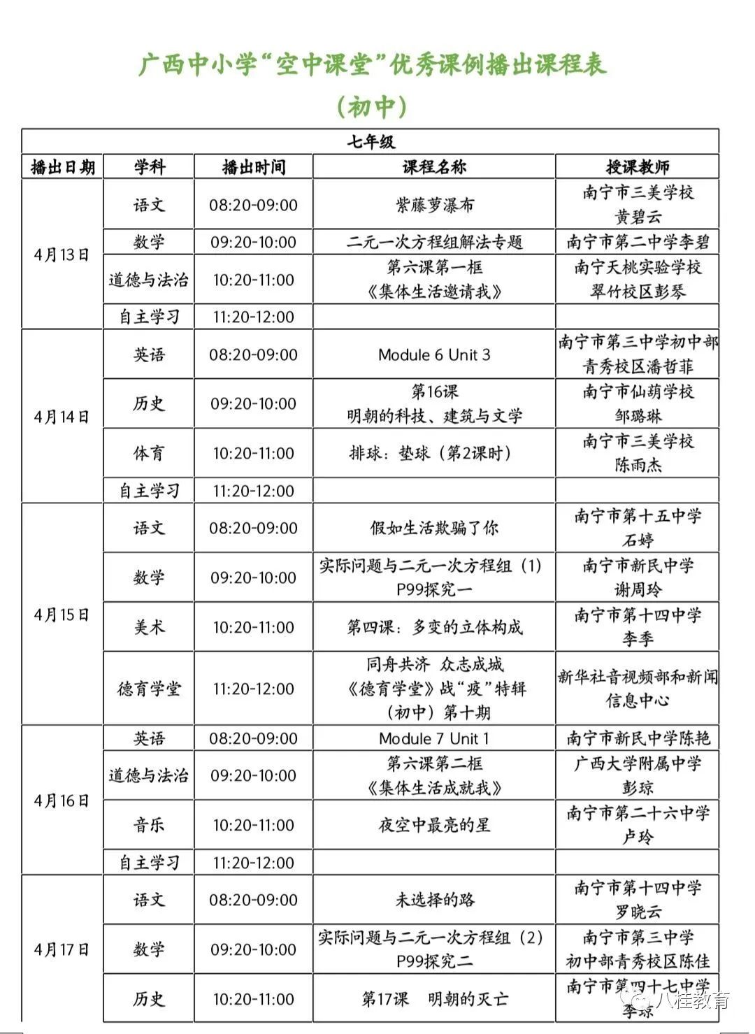 广西中小学“空中课堂”课程表完整版公布（4月13日5