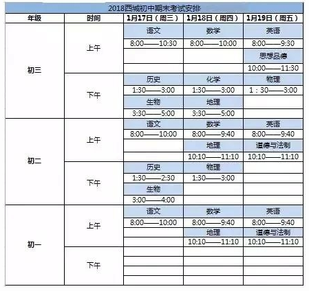 2018年北京西城区初中期末考试时间安排1