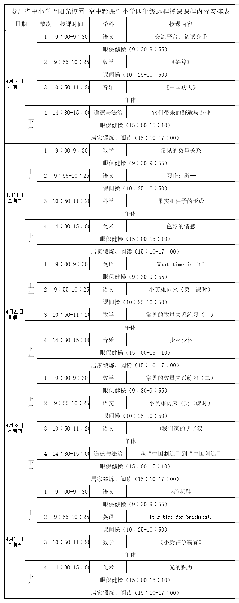 贵州中小学“空中课堂”课程表完整版公布（4月20日12