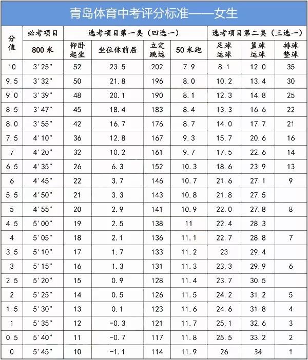 2019年山东青岛中考体育考试评分标准参考3