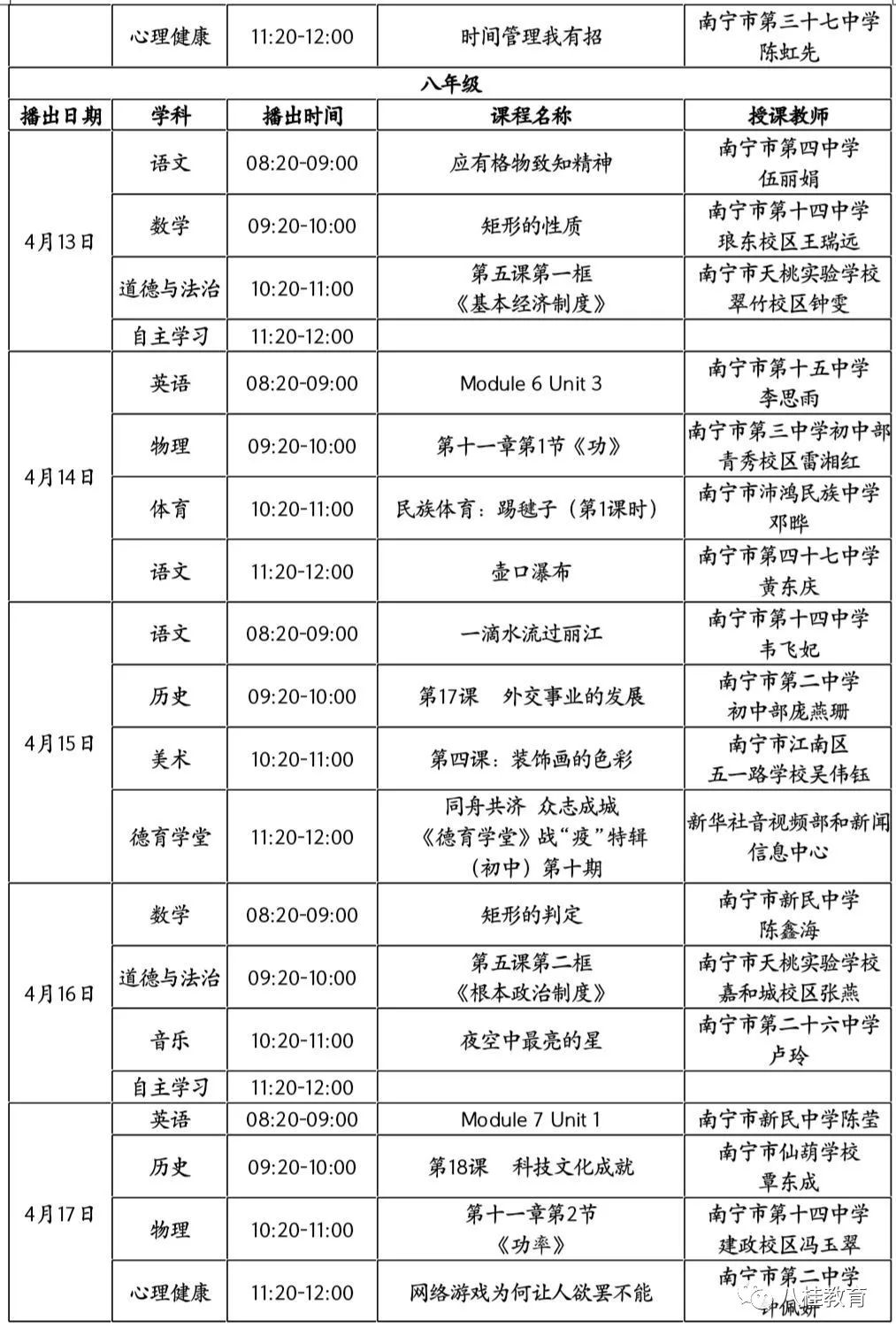 广西中小学“空中课堂”课程表完整版公布（4月13日6