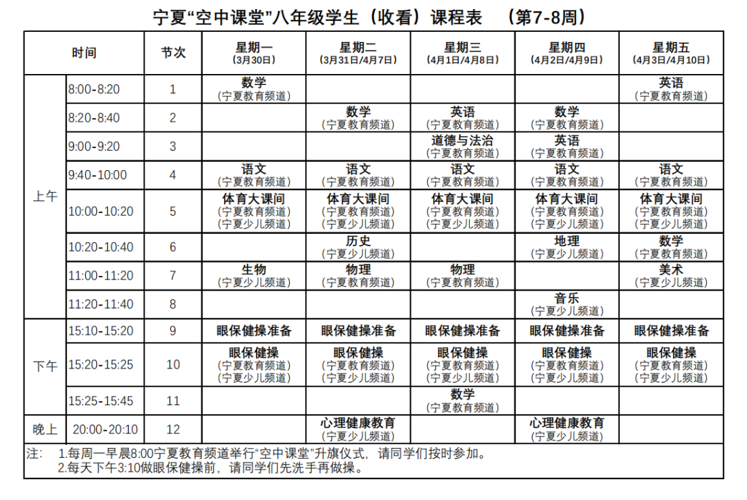 宁夏中小学“空中课堂”课程表完整版公布（4月13日8