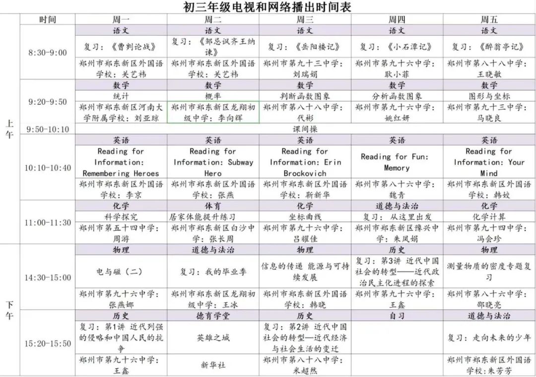 河南中小学“空中课堂”课程表完整版公布（4月13日3