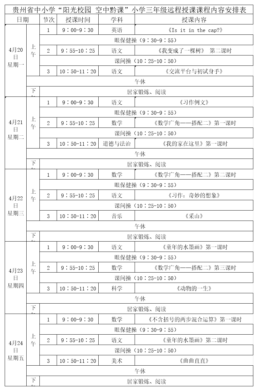 贵州中小学“空中课堂”课程表完整版公布（4月20日11