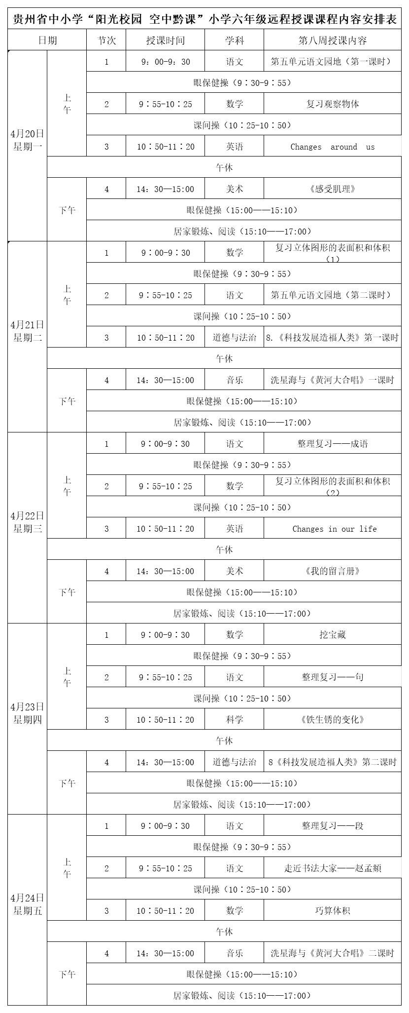 贵州中小学“空中课堂”课程表完整版公布（4月20日14