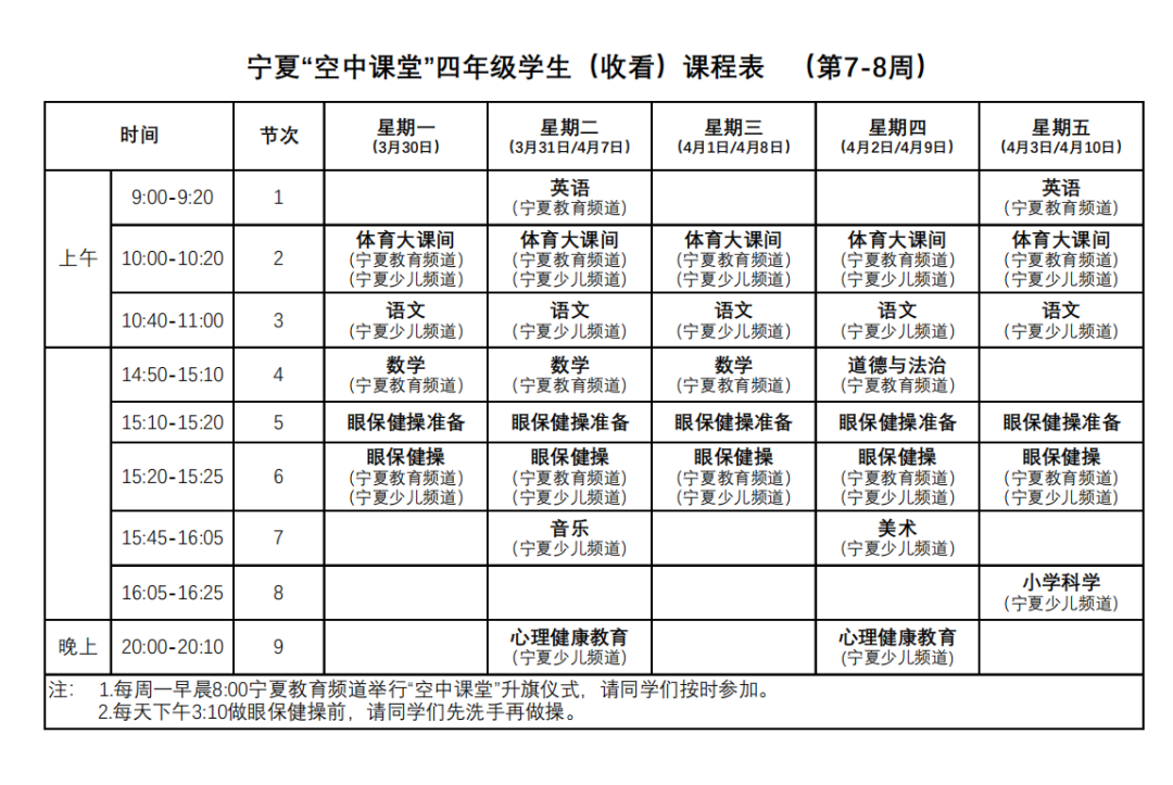 宁夏中小学“空中课堂”课程表完整版公布（4月13日4
